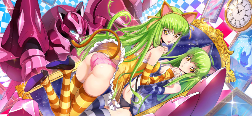 2girls animal_ears breasts c.c. cat_tail cleavage code_geass code_geass:_lost_stories dual_persona f4samurai fake_animal_ears game_cg green_hair highres knightmare_frame long_hair looking_at_viewer mecha medium_breasts mirror multiple_girls official_art robot smile tagme tail thighhighs very_long_hair yellow_eyes