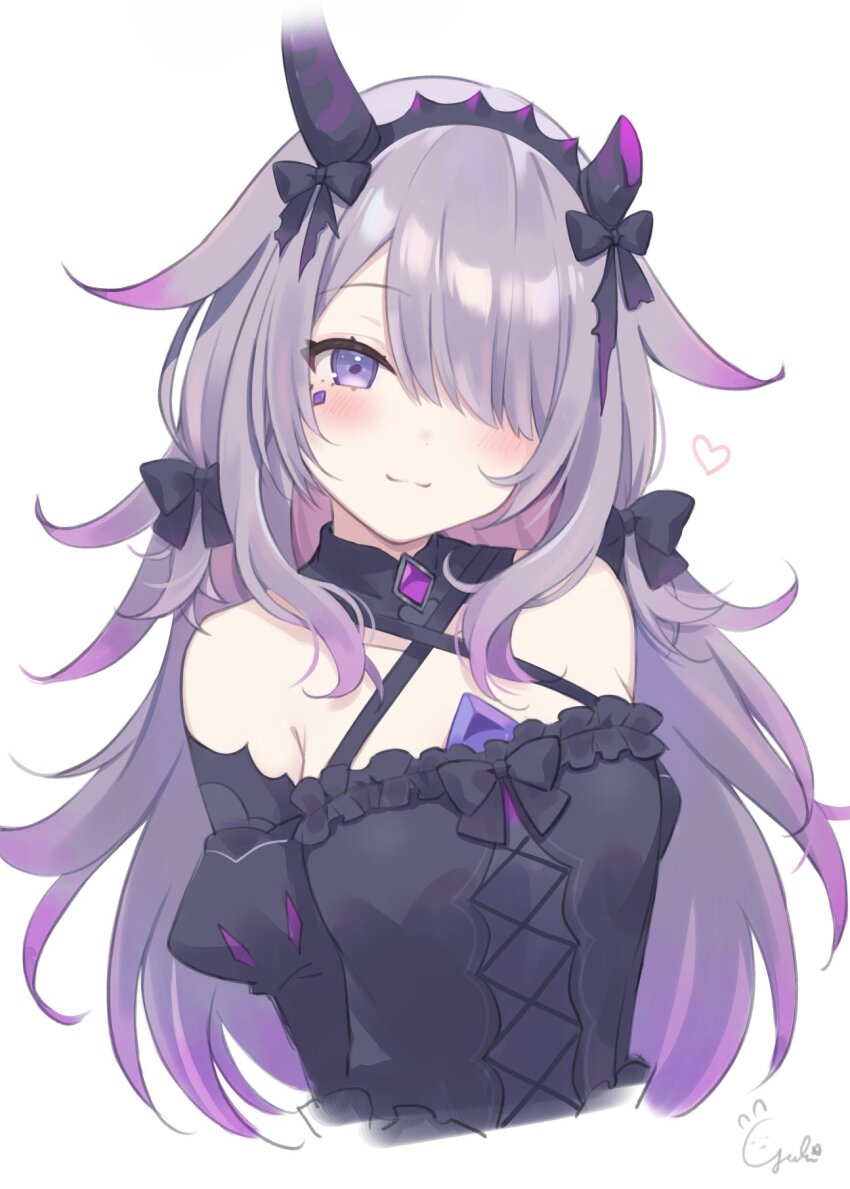 1girl black_dress blush cropped_torso dress fake_horns grey_hair hair_over_one_eye hairband heart highres hololive hololive_english horn_hairband horns koseki_bijou koseki_bijou_(gore_magala) long_hair loveyuzu purple_eyes signature smile virtual_youtuber