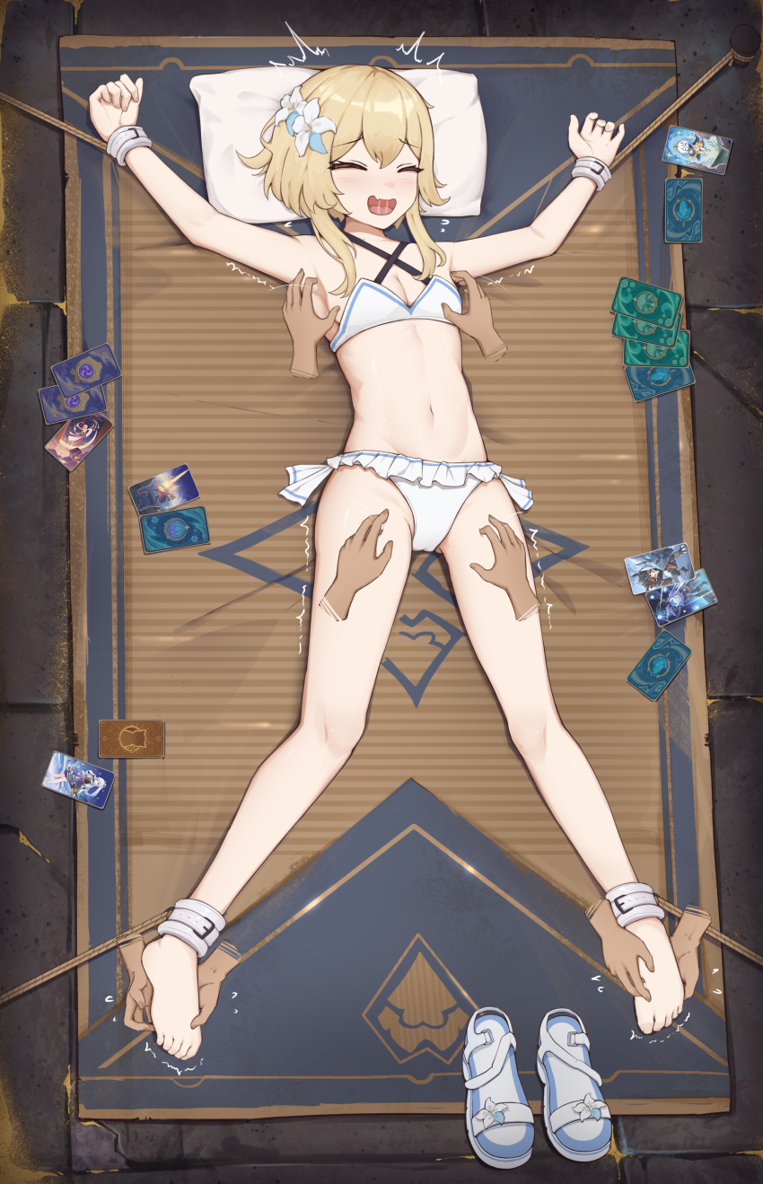 absurdres barefoot bdsm belt blonde_hair blush bondage bound bound_ankles bound_wrists bra breasts card closed_eyes genshin_impact hair_between_eyes highres juzi_(orange8619) lumine_(genshin_impact) lying motion_lines on_back open_mouth outstretched_arms panties pillow restrained saliva saliva_trail sandals shiny_skin short_hair sidelocks small_breasts soles spread_arms spread_eagle_position spread_legs tickling tickling_armpits tickling_feet tickling_legs toes trembling underwear unworn_sandals white_bra white_panties