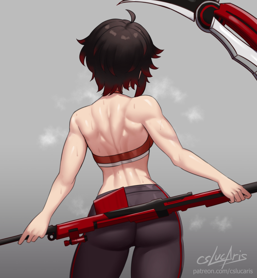 1girl ahoge artist_name ass back brown_hair commentary cowboy_shot crescent_rose cslucaris english_commentary grey_background highres holding holding_scythe muscular muscular_female pants patreon_username red_hair ruby_rose rwby scythe short_hair simple_background solo sweat watermark yoga_pants