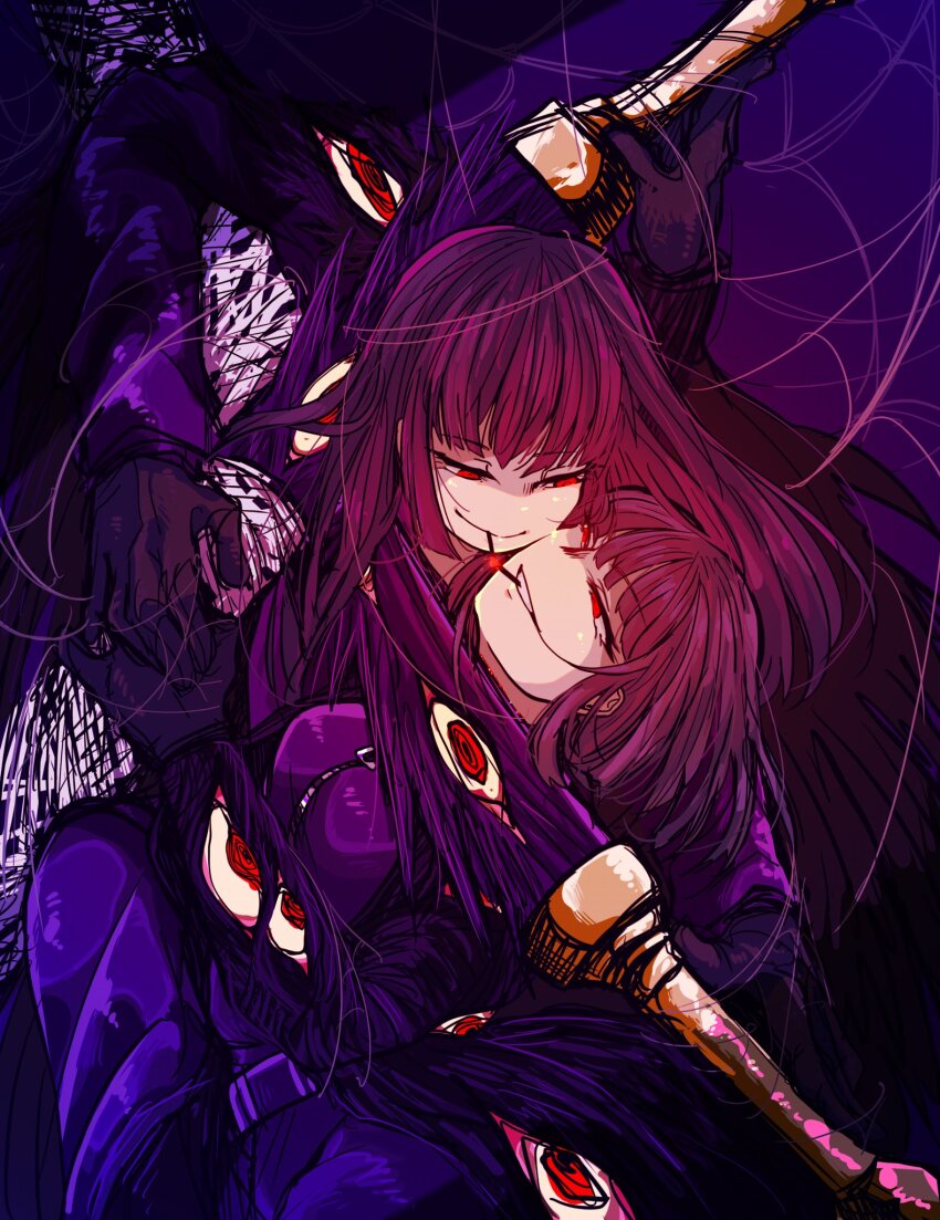 2girls black_hair cigarette clone closed_mouth coat commentary_request e.g.o_(project_moon) extra_eyes gloves highres holding inumata0823 jacket lighting_cigarette limbus_company long_hair long_sleeves multiple_girls open_mouth project_moon purple_gloves purple_jacket red_eyes red_eyes_(e.g.o) ryoshu_(project_moon) selfcest short_hair silk smile smoking spider_web sword too_many_eyes weapon