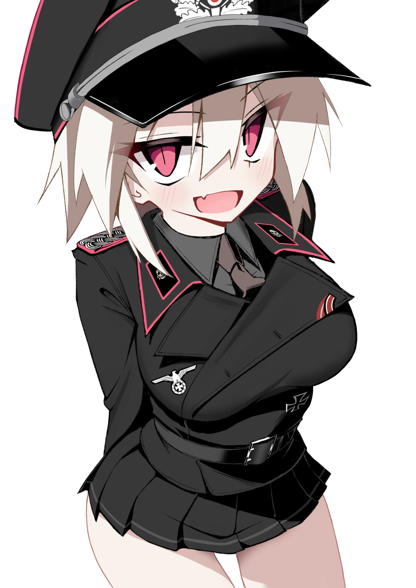 1girl :d absurdres arms_behind_back belt black_belt black_hat black_jacket black_skirt blonde_hair blush brown_necktie collared_shirt commentary_request cross cross_patty epaulettes fang grey_shirt hat highres iron_cross jacket jiseki_rena lapels long_sleeves looking_at_viewer military_hat military_jacket military_uniform necktie open_mouth original peaked_cap red_eyes red_trim reichsadler rena_(jiseki_rena) shirt short_hair skin_fang skirt smile solo thighs totenkopf tsurime white_background