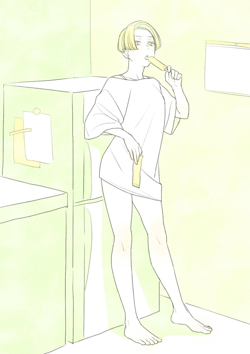 1girl barefoot bra_strap breasts commentary_request earrings food full_body highres holding holding_food holding_popsicle jewelry limited_palette medium_breasts off-shoulder_shirt off_shoulder original popsicle refrigerator shibakou shirt short_hair solo stud_earrings t-shirt wide_sleeves yellow_theme