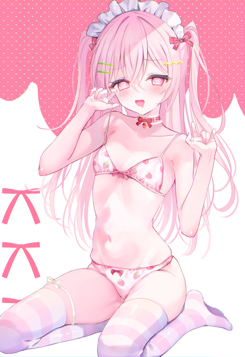1girl @_@ absurdres blush bow bra breasts commentary food_print fruit_print full_body hair_between_eyes hair_bow hair_ornament hairclip hands_up highres kabashima_hana long_hair looking_at_viewer maid_headdress navel open_mouth original panties parallel_hairclips pink_background pink_bra pink_eyes pink_hair pink_panties pink_thighhighs polka_dot polka_dot_background print_bra print_panties red_bow simple_background sitting small_breasts solo strawberry_print striped_clothes striped_thighhighs thighhighs two-tone_background two_side_up underwear