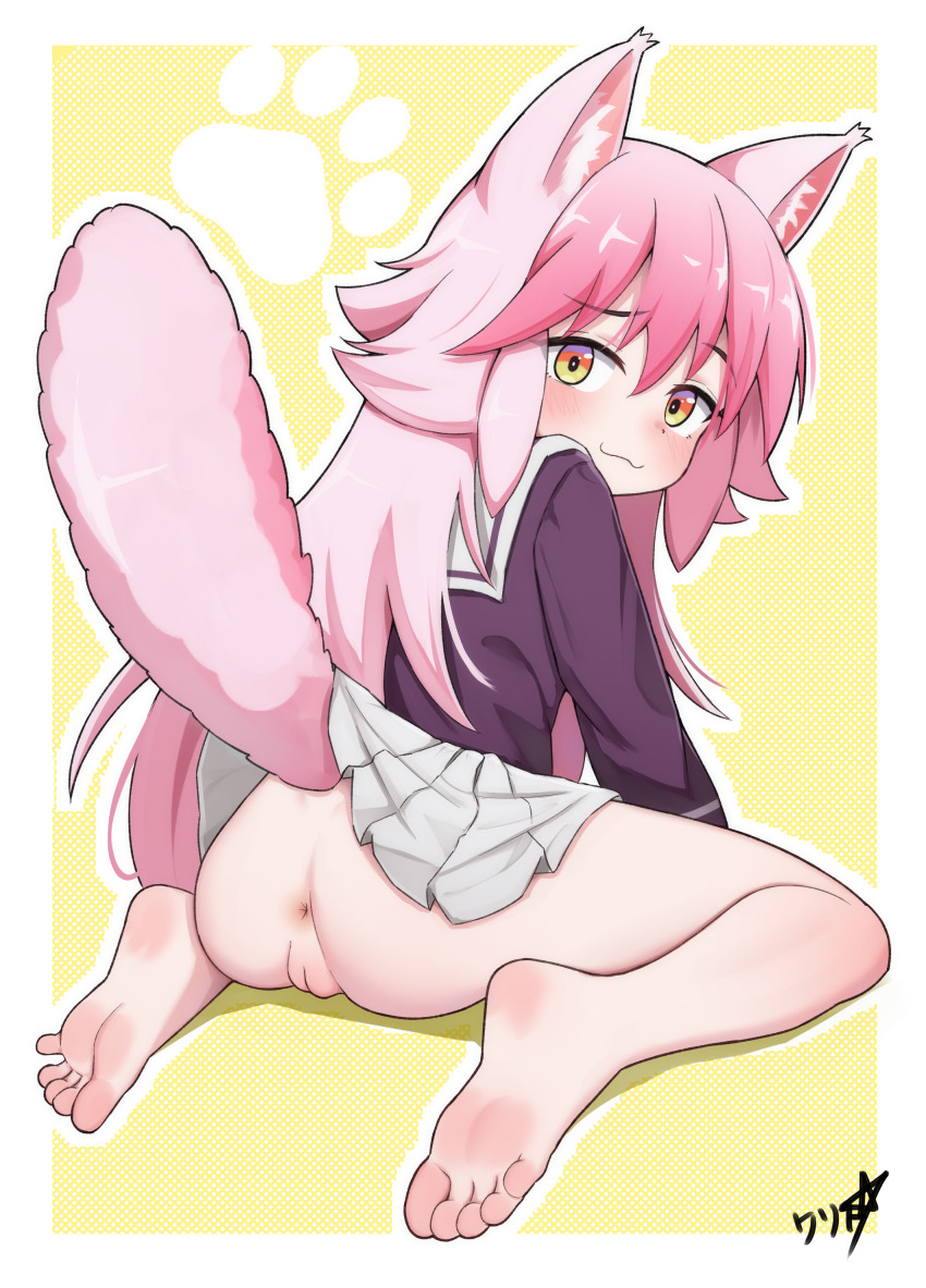 1girl :3 absurdres animal_ear_fluff animal_ears anus ass barefoot blush boppin cleft_of_venus closed_mouth clothes_lift commentary commission feet from_behind full_body green_eyes highres lifted_by_tail loli long_hair long_sleeves looking_at_viewer looking_back miniskirt multicolored_eyes murenase!_shiiton_gakuen no_panties okami_ranka paid_reward_available pink_hair pleated_skirt purple_eyes purple_shirt pussy red_eyes sailor_collar sailor_shirt school_uniform serafuku shirt signature sitting skirt skirt_lift soles solo tail tail_raised toes uncensored wariza white_sailor_collar white_skirt wolf_ears wolf_girl wolf_tail yellow_background