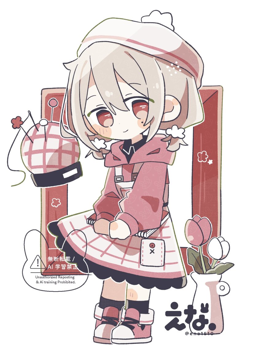 1girl absurdres artist_name black_socks blush_stickers closed_mouth ena_1510 flower frilled_skirt frills full_body grey_hair hair_ornament hat high-waist_skirt highres holding holding_notebook hood hood_down hoodie long_sleeves looking_at_viewer notebook original pincushion red_eyes red_flower red_hoodie red_shoes red_tulip shoes short_hair simple_background skirt smile socks solo standing suspender_skirt suspenders tulip twitter_username vase watermark white_background white_flower white_hat white_skirt white_tulip