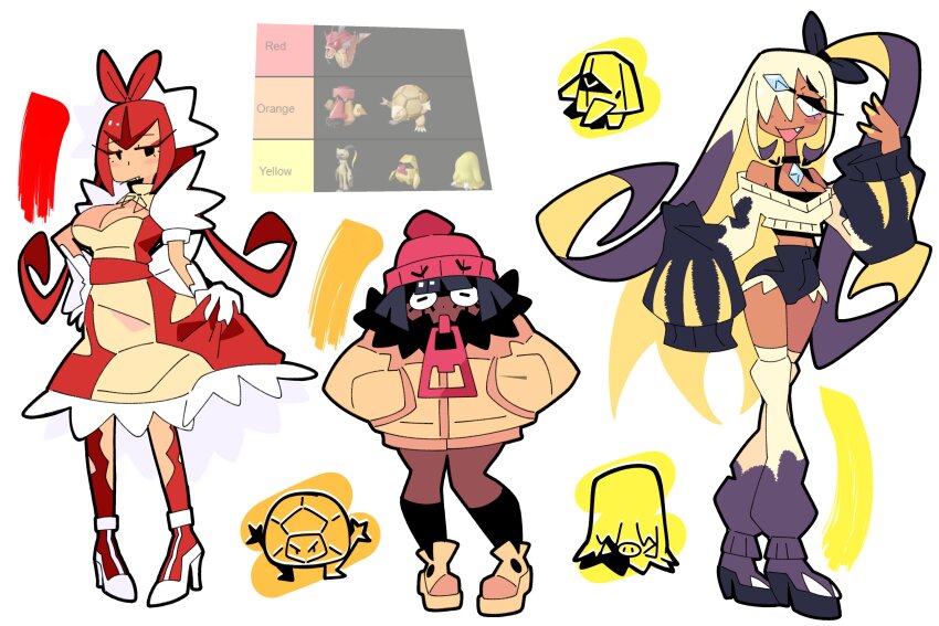 absurdres alternate_color black_shorts black_socks blonde_hair bourbunbun bow bowtie cardigan diamond_(shape) dress fang frills gen_1_pokemon gen_4_pokemon gyarados gyaru hair_ornament hairclip hat highres jacket long_sleeves loose_socks maid multicolored_hair nintendo orange_jacket orange_shoes personification pokemon probopass red_dress red_hair red_hat shiny_pokemon shoes shorts side_ponytail sneasler socks twintails two-tone_hair yellow_nails zipper