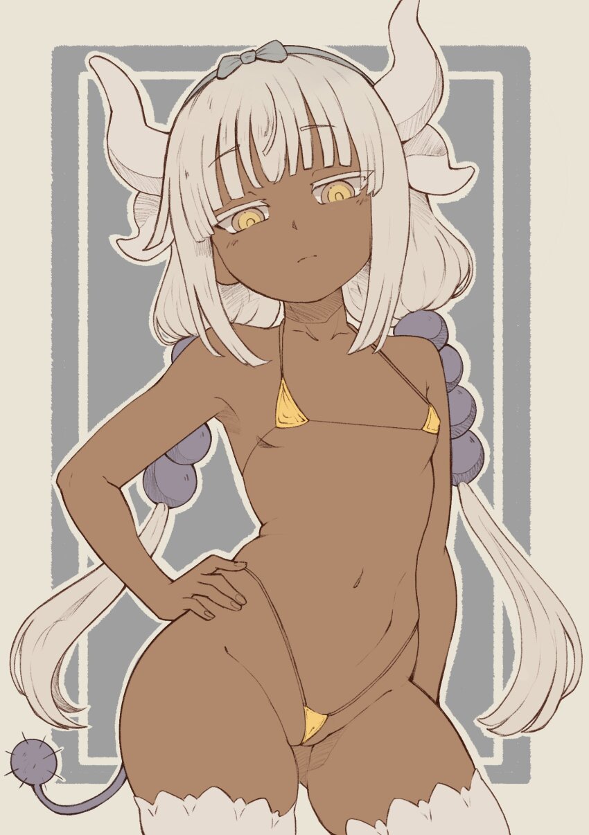1girl absurdres bikini cowboy_shot dark-skinned_female dark_skin dragon_girl dragon_horns female_focus flat_chest grey_hair groin gyaru hair_ornament hairband hand_on_own_hip highres horns jitome kanna_kamui kobayashi-san_chi_no_maidragon legs loli long_hair long_twintails looking_at_viewer magnuswalker5 micro_bikini navel solo standing stomach swimsuit tail thighhighs thighs twintails yellow_eyes