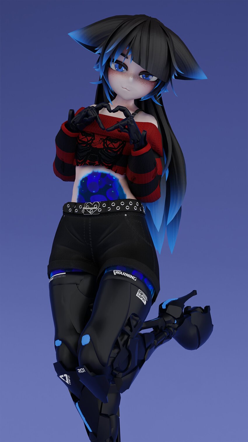 1girl 3d 3d_background absurdres android black_hair blue_hair blush character_name commentary crop_top english_commentary heart heart_hands highres kitsumy knees_up lava_lamp legs original