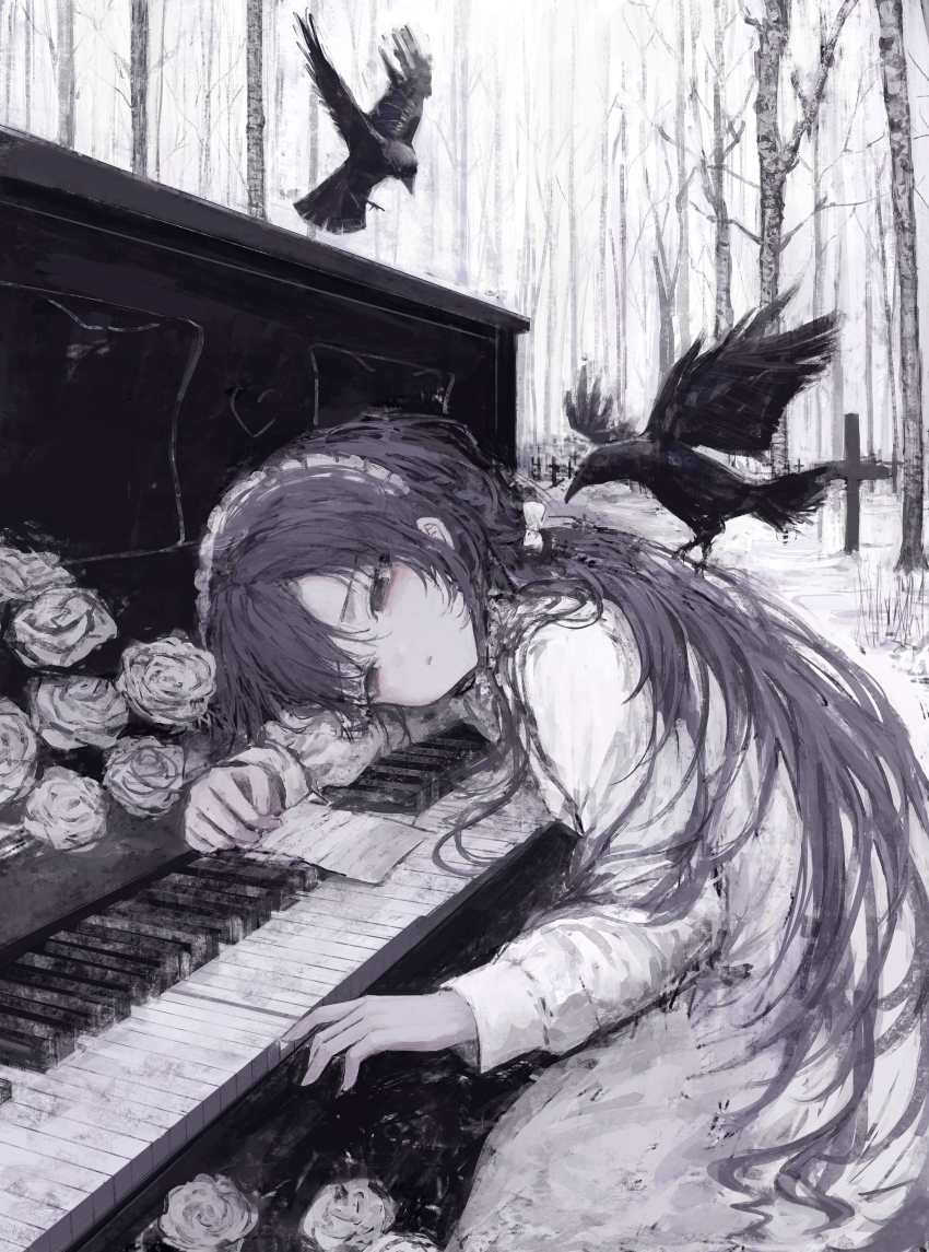1girl absurdres animal bare_tree bent_over bird black_eyes black_hair chinese_commentary commentary_request crow day dress expressionless flower forest highres instrument long_hair long_sleeves messy_hair nature original outdoors parted_bangs parted_lips piano rose sitting solo tree upright_piano white_dress white_flower white_rose zorhua