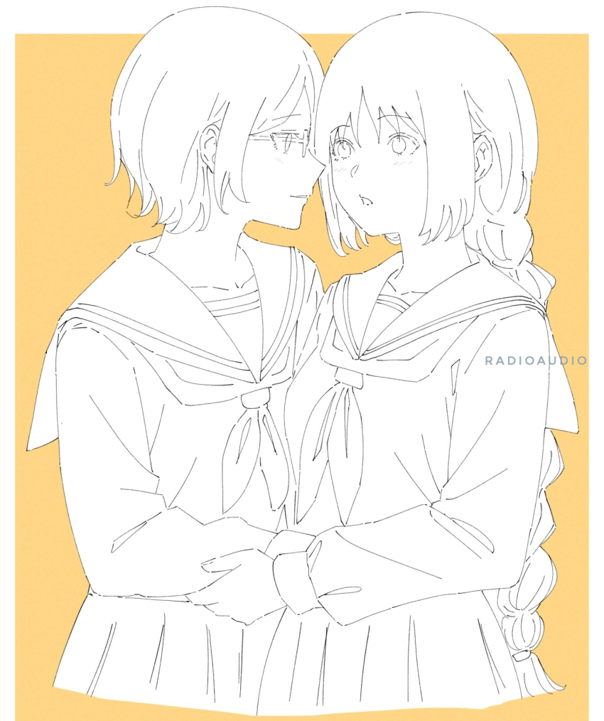 2girls blush boruto:_naruto_next_generations braid braided_ponytail collared_shirt face-to-face glasses kakei_sumire long_hair long_sleeves monochrome multiple_girls naruto_(series) neckerchief radioaudio school_uniform shirt skirt uchiha_sarada yuri