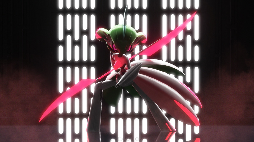 3d black_sclera colored_sclera commentary_request double_blade fighting_stance freasaloz full_body highres iron_valiant nintendo pink_eyes pixel_eyes pokemon pokemon_(creature) robot source_filmmaker_(medium) weapon