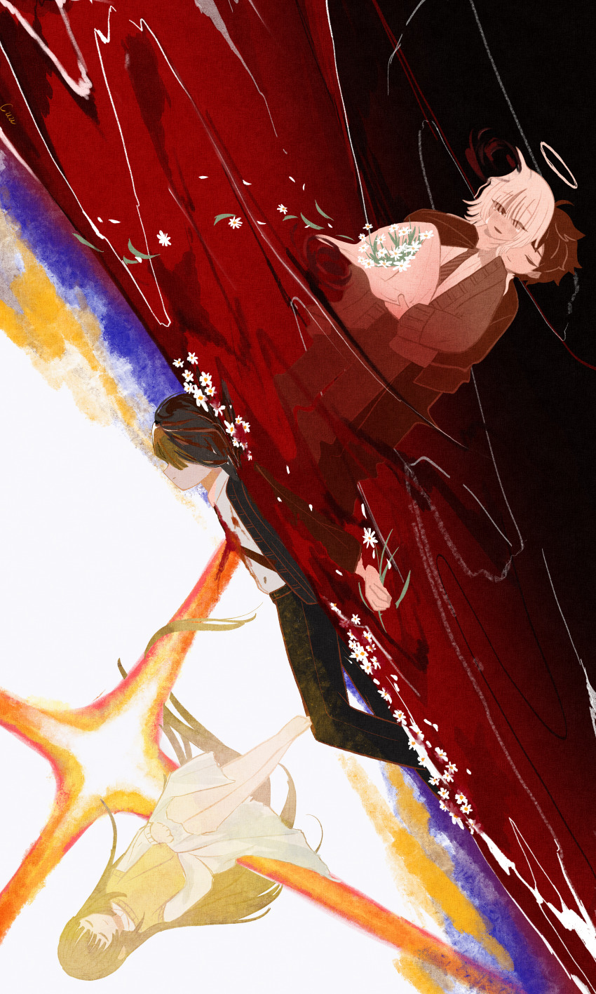 1girl 3boys absurdres aconmonis_st akinashi_haru barefoot blood blood_on_chest blood_on_clothes bouquet crying dual_persona fleabane flower halo hand_on_another's_neck highres holding holding_bouquet holding_flower hug lying multiple_boys petals petals_on_liquid red_water saihate_eki sitting smile split_theme sunset tatsunami_shion tenjiku_aoi wading
