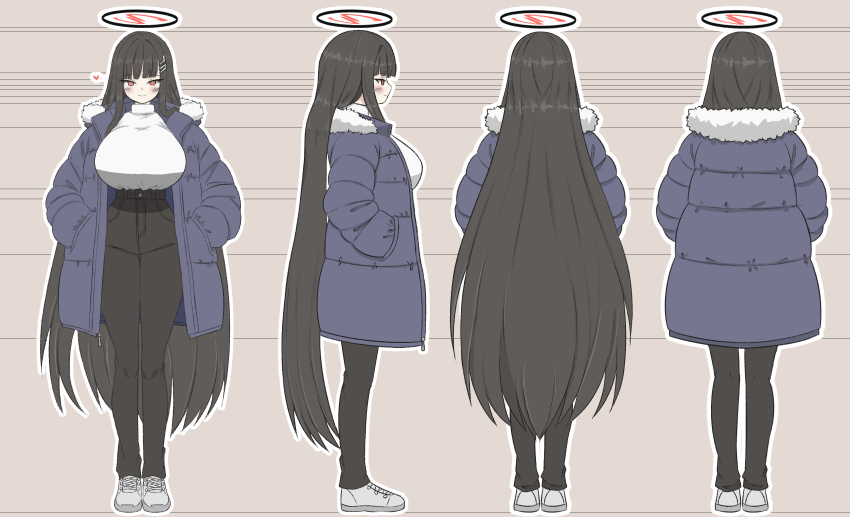 1girl back black_hair black_pants blue_archive blunt_bangs blush breasts coat commentary_request fur-trimmed_jacket fur_trim geneakarin hair_ornament hairclip halo hands_in_pockets heart highres huge_breasts jacket long_hair pants red_eyes reference_sheet rio_(blue_archive) shoes smile sweater turtleneck turtleneck_sweater very_long_hair white_shoes white_sweater winter_clothes winter_coat