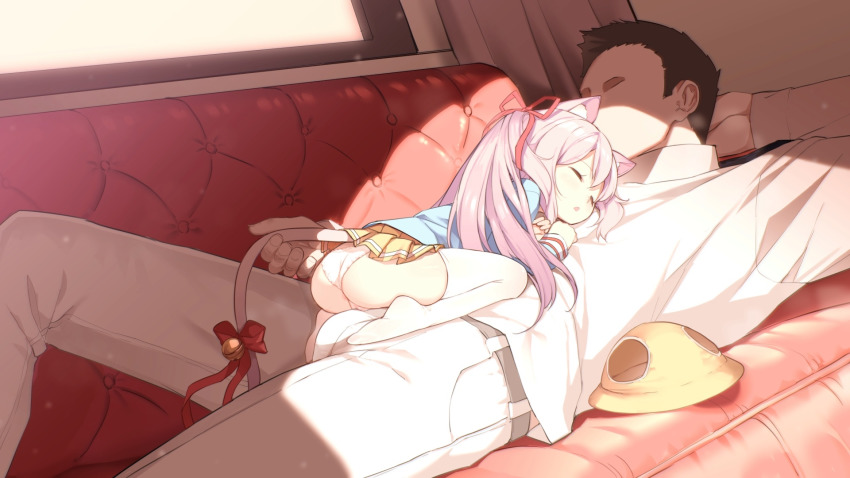1boy 1girl age_difference animal_ears ass azur_lane blue_shirt blvefo9 cat_ears cat_tail closed_eyes couch girl_on_top hair_ribbon hat unworn_hat unworn_headwear hetero highres kisaragi_(azur_lane) loli long_hair on_couch open_mouth panties pants pink_hair red_ribbon ribbon shirt size_difference skirt sleeping sleeping_on_person tail tail_grab tail_ornament thighhighs underwear white_panties white_pants white_thighhighs yellow_headwear yellow_skirt