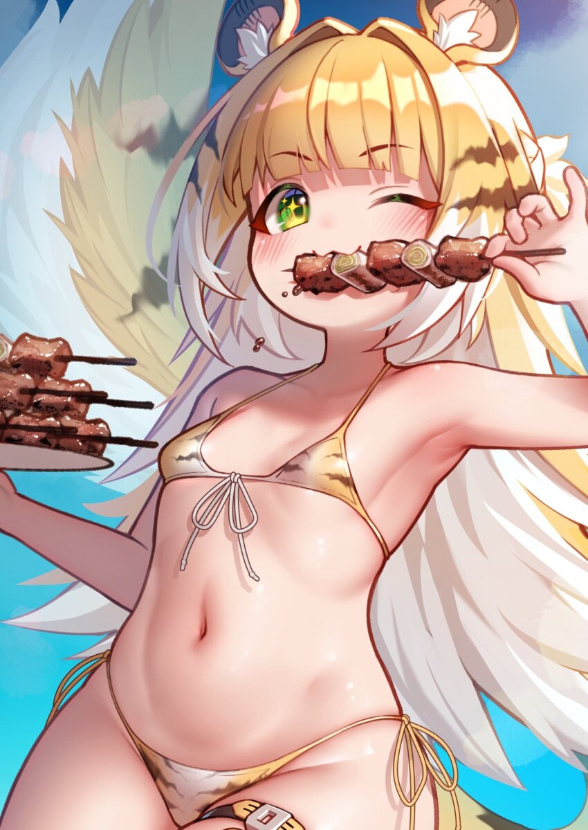 1girl :3 akuma_(st.takuma) animal_ears animal_print armpits bikini blonde_hair blush colored_inner_hair eating flat_chest food green_eyes highres holding holding_food ju_fufu loli long_hair meat multicolored_hair navel one_eye_closed print_bikini smile solo sparkling_eyes stomach striped_fur striped_hair swimsuit tail thigh_strap tiger_ears tiger_girl tiger_print tiger_stripes tiger_tail white_hair zenless_zone_zero