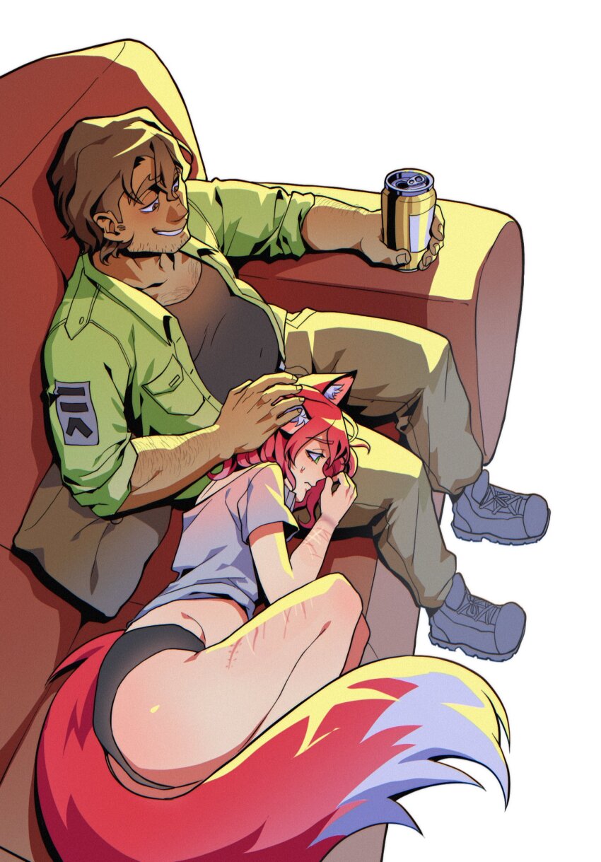 1boy 1girl animal_ears beer_can black_panties black_shirt boyfriend_to_death brown_hair can collared_shirt commentary commission couch curled_up drink_can english_commentary fox_ears fox_tail full_body furry furry_female green_shirt grin highres holding holding_can lying midriff no_pants on_side original panties scar scar_on_face self-harm shirt short_hair sitting sleeves_rolled_up smile soureeeee strade_(boyfriend_to_death) t-shirt tail thigh_cutting undershirt underwear white_shirt wrist_cutting