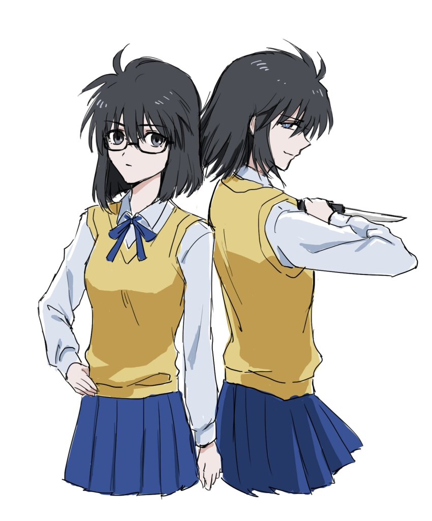 2girls black_eyes black_hair blue_eyes blue_ribbon blue_skirt breasts dark_persona dual_persona evil_smile genderswap genderswap_(mtf) glasses gui_(seanko) hair_between_eyes hands_on_own_hips highres holding holding_knife knife looking_at_viewer medium_hair melty_blood multiple_girls mystic_eyes_of_death_perception nanatsu-yoru nanaya_shiki reverse_grip ribbon school_uniform shirt skirt smile smirk tohno_shiki tsukihime vest white_shirt yellow_vest