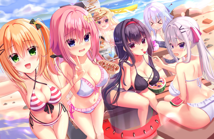 >_< 6+girls :d :p absurdres adjusting_hair ass back banana_boat beach bikini black_bikini black_bow black_hair blonde_hair blue_bow blue_eyes blue_hair blue_sky blush bow bow_bikini braid brain_freeze breasts cat_hair_ornament cleavage closed_mouth collarbone commentary_request cowboy_shot criss-cross_halter curvy dango day dutch_angle eating embarrassed everyone eyes_visible_through_hair feet_out_of_frame fingerless_gloves food frilled_bikini frills fruit gloves green_eyes hair_between_eyes hair_bow hair_intakes hair_ornament hair_over_shoulder hair_ribbon hairband hairclip half_up_braid half_updo halterneck hamidashi_creative happy highres hijiri_ririko iem960088 izumi_hiyori kamakura_shio large_breasts leaning_forward long_hair looking_at_viewer low_twintails medium_hair mountainous_horizon multi-strapped_bikini_bottom multiple_girls nail_polish navel nishiki_asumi ocean one_side_up open_mouth orange_hair outdoors parallel_hairclips pink_bow pink_hair pink_nails red_eyes red_hairband red_ribbon ribbon ruffle_bikini ryuukan_ameri selfie shaved_ice side-tie_bikini_bottom sideboob sidelocks sitting sky smile squiggle standing stomach straight_hair striped_bikini striped_clothes swim_ring swimsuit thighs tokiwa_kano tongue tongue_out twintails v very_long_hair wagashi watermelon watermelon_innertube watermelon_slice white_bikini yellow_bow