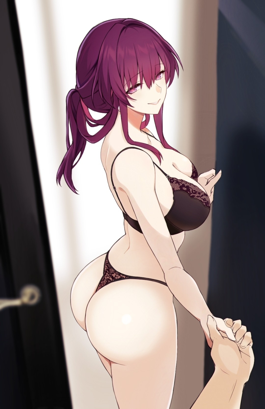 1girl 1other ass black_bra black_panties blurry blurry_foreground bra breasts cleavage collarbone commentary doorway hand_grab highres honkai:_star_rail honkai_(series) kafka_(honkai:_star_rail) large_breasts lingerie long_hair looking_at_viewer panties pink_eyes purple_hair revision saint_laurent_paris smile solo_focus thighs thong underwear underwear_only