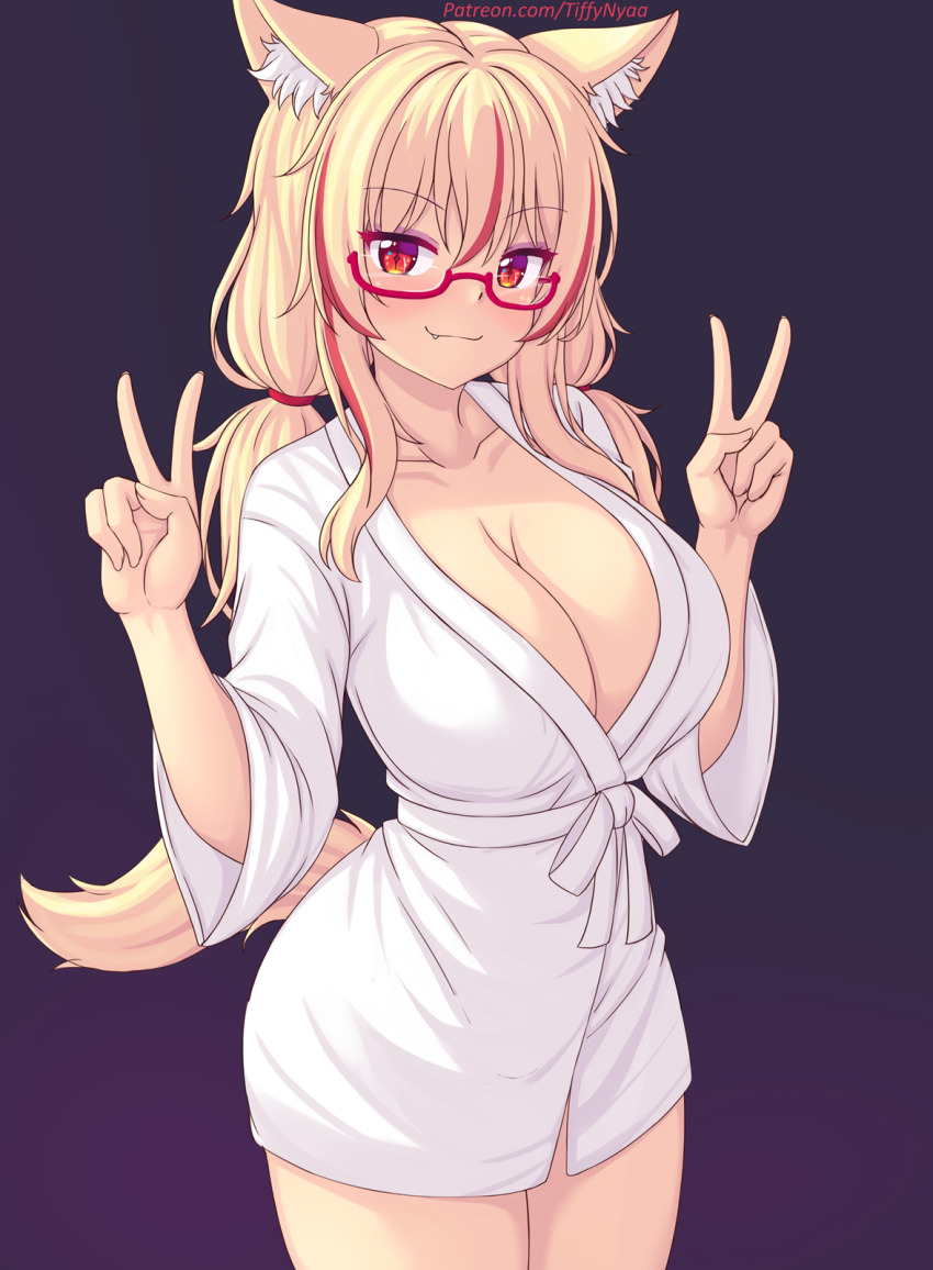 1girl animal_ear_fluff animal_ears bathrobe blonde_hair breasts cat_ears cat_tail cleavage closed_mouth collarbone commentary cowboy_shot double_v english_commentary glasses hands_up highres large_breasts long_hair long_sleeves low_twintails multicolored_hair nottytiffy original patreon_username purple_background red-framed_eyewear red_eyes red_hair simple_background smile solo streaked_hair tail tiffy_(nottytiffy) twintails v