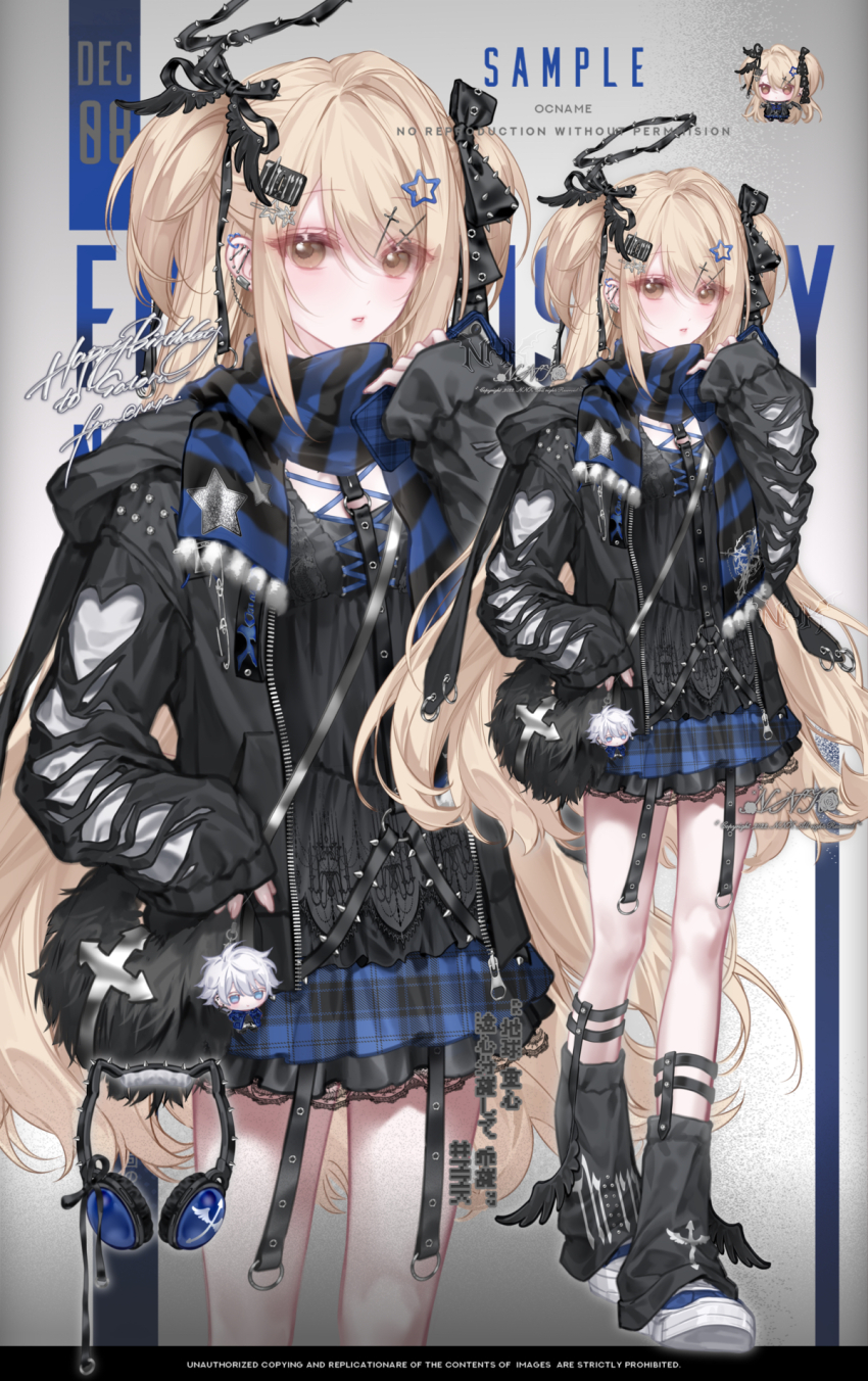 1girl bag bag_charm barbell_piercing black_bag black_camisole black_jacket black_leg_warmers blonde_hair blue_shoes blue_skirt brown_eyes camisole character_charm charm_(object) commission cross cross_print ear_chain ear_piercing fashion full_body fur_bag gothic_punk hair_ornament hair_ribbon handbag harness highres industrial_piercing jacket leg_warmers linked_piercing long_hair long_sleeves looking_at_viewer mihuashi_commission nnk_(nongnong) original piercing plaid_clothes plaid_skirt ribbon scarf shoes skirt sneakers solo_focus star_(symbol) star_hair_ornament star_print striped_clothes striped_scarf two_side_up very_long_hair watermark wing_hair_ornament yabi_fashion zoom_layer