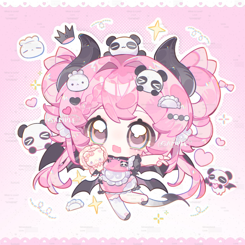 >_< 1girl :d apron black_horns black_shoes chibi chibi_only double-parted_bangs dress full_body hair_intakes highres horns long_hair open_mouth original outline panda pink_background pink_dress pink_eyes pink_hair shoes short_sleeves single_thighhigh smile solo standing standing_on_one_leg thighhighs v watermark white_apron white_outline white_thighhighs yikemaohetao