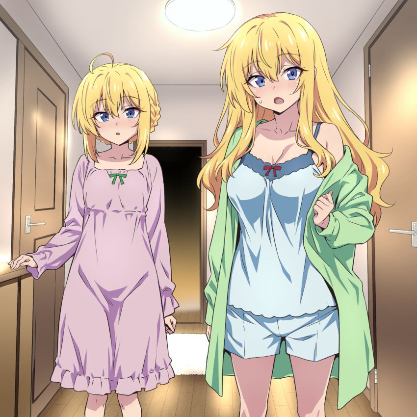 2girls :o ahoge blonde_hair blue_camisole blue_eyes blue_shorts braid breasts bun_with_braided_base camisole commentary_request door doorway green_shirt hair_bun hallway highres indoors large_breasts long_hair looking_at_viewer multiple_girls nakahira_guy open_clothes open_door open_shirt original pajamas parted_lips pink_pajamas shirt short_hair shorts sidelocks single_hair_bun standing textless_version