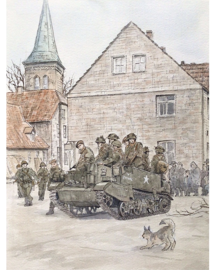 6+boys atelier_bono beret bolt_action border british_army camouflage camouflage_jacket commentary_request dog green_pants gun hat highres jacket lee-enfield military_combat_uniform military_uniform multiple_boys original painting_(medium) pants red_hat riding rifle sten_gun submachine_gun town traditional_media universal_carrier watercolor_(medium) weapon white_border world_war_ii