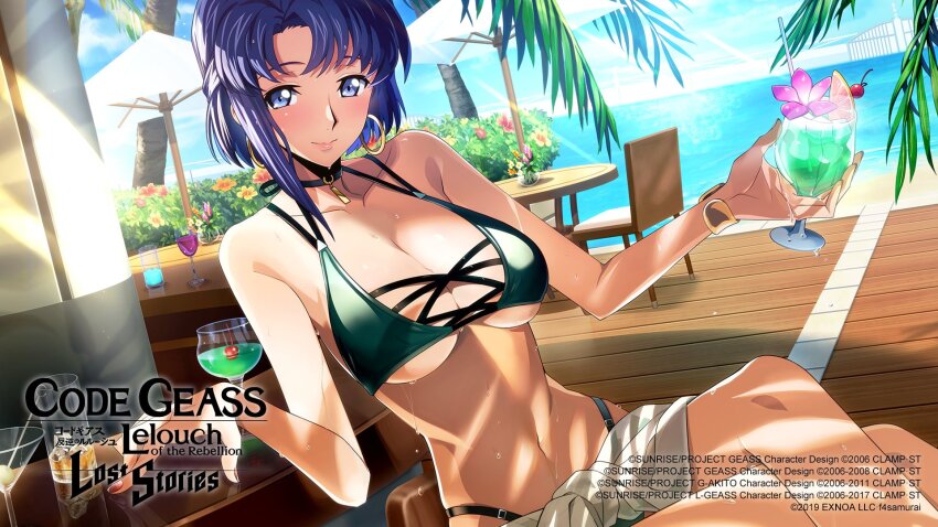 1girl alcohol bar_(place) bare_shoulders beach bikini black_choker blue_eyes blue_hair blue_sky blush bracelet breasts bush cecile_croomy chair cherry choker cleavage closed_mouth cocktail_glass code_geass code_geass:_lost_stories collarbone commentary commentary_request crossed_legs cup dappled_sunlight day drink drinking_glass drinking_straw drunk dutch_angle earrings english_commentary f4samurai flower food fruit green_bikini hands_up happy highleg highleg_bikini highres holding holding_cup holding_drink hoop_earrings horizon ice ice_cube jewelry large_breasts light_rays looking_at_viewer multi-strapped_bikini_top multicolored_bikini nail_polish navel ocean official_art olive on_chair orange_(fruit) orange_slice outdoors pink_flower red_flower red_nails sarong short_hair sidelocks sitting skindentation sky smile solo stomach sunlight sweat swimsuit table two-tone_bikini underboob white_sarong wooden_floor yellow_flower