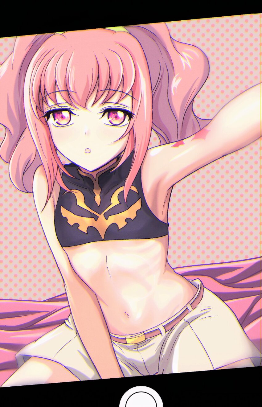 1girl anya_alstreim belt code_geass highres knights_of_the_round_uniform long_hair looking_at_viewer midriff navel open_mouth pink_eyes pink_hair shorts solo usuba_kagerou_(shougyouchu) white_shorts