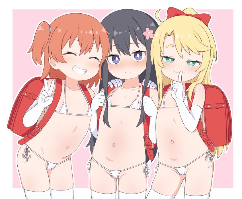 3girls backpack bag bikini black_hair blonde_hair blush border bow closed_eyes closed_mouth collarbone commentary commission cowboy_shot elbow_gloves english_commentary facing_viewer flat_chest flower gloves green_eyes hair_bow hair_flower hair_ornament half_updo highres himesaka_noa hoshino_hinata loli long_hair looking_at_viewer medium_hair micro_bikini multiple_girls navel one_side_up outline outside_border parted_lips pink_background pixiv_commission purple_eyes randoseru red_bag red_bow red_hair shirosaki_hana side-tie_bikini_bottom smile string_bikini swimsuit thighhighs tooteki watashi_ni_tenshi_ga_maiorita! white_bikini white_border white_gloves white_outline white_thighhighs