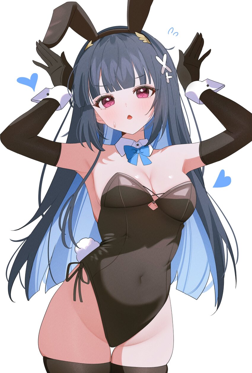 1girl absurdres animal_ears armpits arms_up bare_shoulders black_gloves black_leotard black_thighhighs blue_bow blue_hair blunt_bangs bow breasts cleavage commentary_request covered_navel detached_collar elbow_gloves gloves hair_ornament heart highres laurel_crown leotard long_hair medium_breasts nazuka_(stella_sora) open_mouth playboy_bunny rabbit_ears rabbit_tail red_eyes shusuchii side-tie_leotard solo stella_sora sweatdrop tail thick_thighs thigh_gap thighhighs thighs white_background wide_hips wrist_cuffs x_hair_ornament