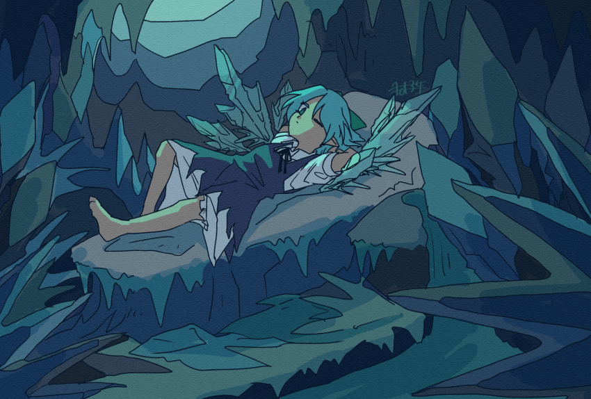 1girl barefoot blue_dress blue_eyes blue_hair bow cave cirno closed_mouth collared_shirt commentary detached_wings doggo_1d34 dress hair_bow highres ice ice_wings looking_at_viewer lying on_back one_eye_closed pinafore_dress puffy_short_sleeves puffy_sleeves shirt short_sleeves sleeveless sleeveless_dress solo toes touhou white_shirt wings