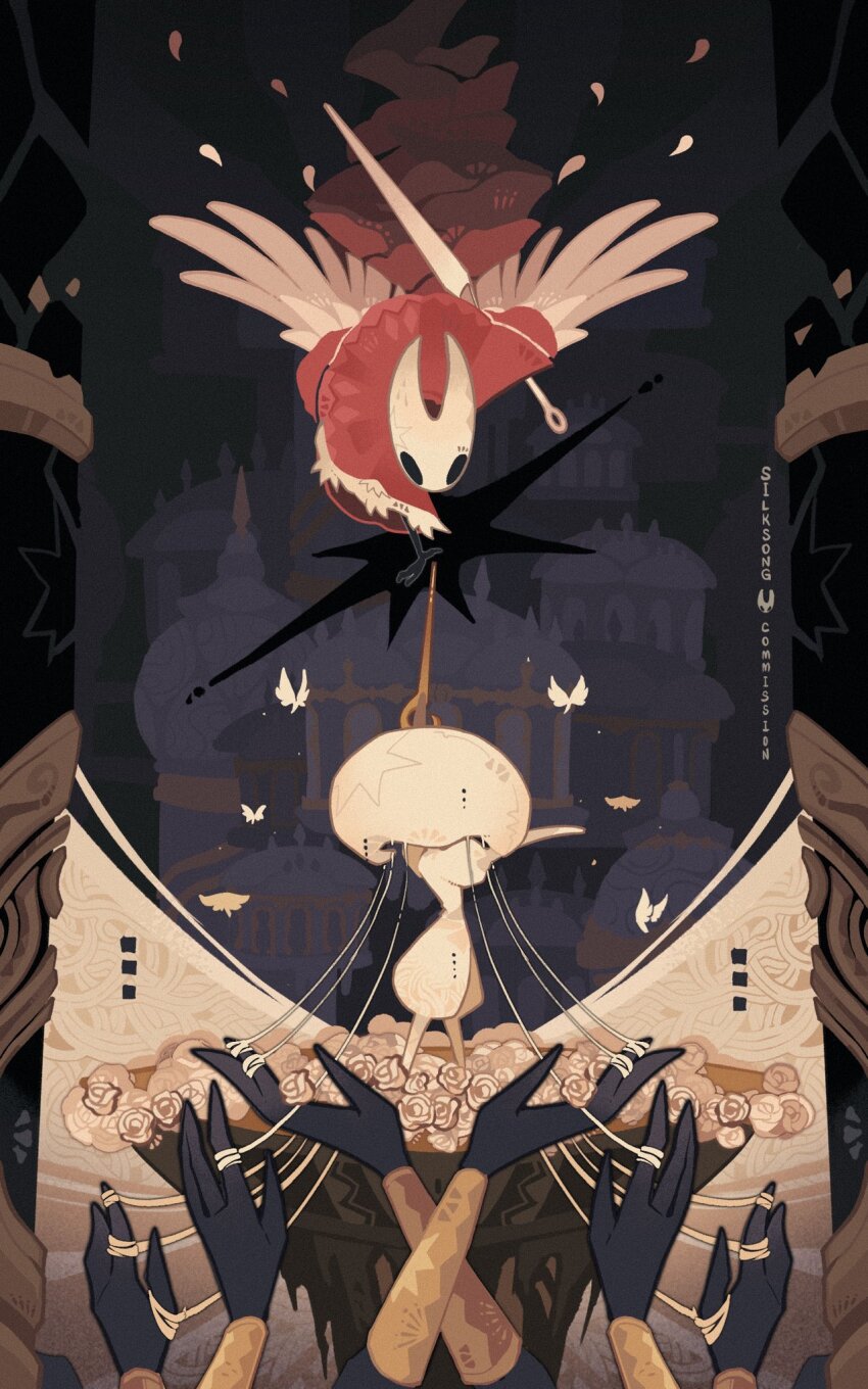 arthropod_girl black_eyes black_skin blank_eyes bodysuit bug butterfly cloak colored_skin commission copyright_name feathered_wings flower from_behind grand_mother_silk_(hollow_knight) hashtag-only_commentary highres holding holding_weapon hollow_eyes hollow_knight hollow_knight:_silksong horned_mask hornet_(hollow_knight) insect juliet_sleeves lace_(hollow_knight) long_sleeves looking_at_another mask multiple_girls needle_(hollow_knight) pin_(hollow_knight) puffy_sleeves r0si3 red_cloak silk upside-down weapon white_bodysuit white_flower white_mask white_wings wings