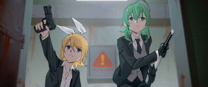 2girls ahoge aiming arm_up black_gloves black_jacket black_necktie black_pants blonde_hair blue_eyes bow browning_hi-power closed_mouth collared_shirt commentary_request drawing_sword frown furrowed_brow gloves green_eyes green_hair grey_vest gumi gun hair_between_eyes hair_bow hairband handgun hands_up highres holding holding_gun holding_sword holding_weapon jacket kagamine_rin long_sleeves medium_hair multiple_girls necktie open_clothes open_jacket pants scabbard sheath shirt short_hair sidelocks sign sword vest vocaloid warning_sign weapon white_bow white_hairband white_shirt wounds404