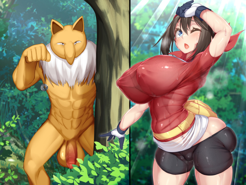1girl abs ass bandana blue_eyes blush breasts brown_hair bush cameltoe censored covered_erect_nipples fanny_pack forest full_body gen_1_pokemon gloves highres huge_ass huge_breasts hypno kawahagitei may_(pokemon) mosaic_censoring nature nintendo one_eye_closed outdoors penis perky_breasts pokemon pokemon_(creature) pokemon_rse red_skirt shoes short_sleeves skindentation skirt sneakers solo sunlight sweat sweatdrop testicles tree