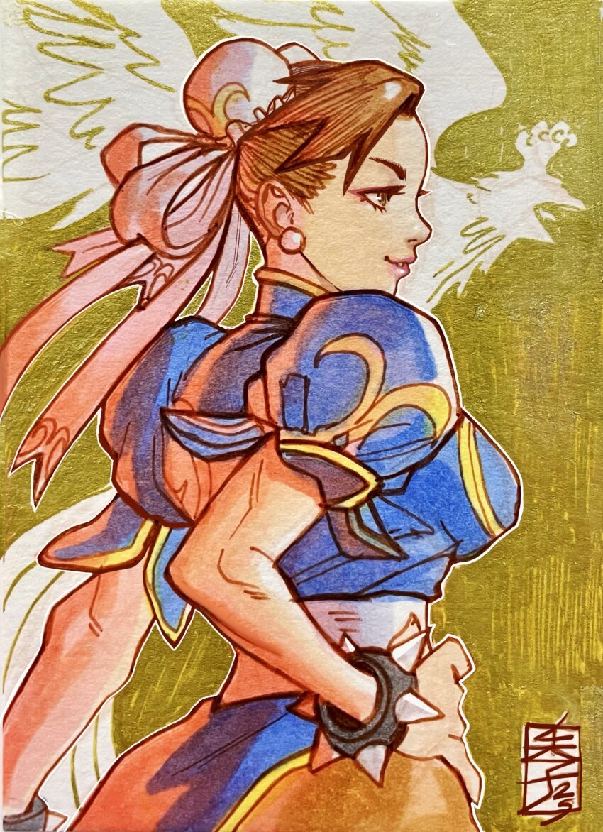 1girl acecore2k alternate_costume artist_logo bird bird_wings bracelet breasts brown_eyes brown_hair capcom chun-li commentary double_bun earrings english_commentary eyeliner facing_away facing_to_the_side graphite_(medium) hair_bun hand_on_own_hip highres jewelry lipstick logo looking_to_the_side makeup parted_lips sideboob simple_background single_earring sketch solo solo_focus street_fighter toned traditional_media wings