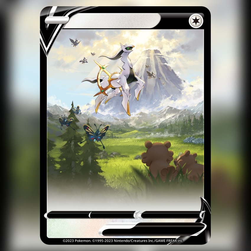 animal_focus arceus beautifly bidoof bird blanco026 blue_sky bug butterfly card_(medium) cloud colored_sclera commentary company_name copyright_name copyright_notice day english_commentary floating flying full_body gen_3_pokemon gen_4_pokemon grass green_sclera insect legendary_pokemon mountain mythical_pokemon nintendo no_humans official_art outdoors pokemon pokemon_(creature) pokemon_card pokemon_focus pokemon_tcg red_eyes sky staravia starly textless_version third-party_source trading_card tree