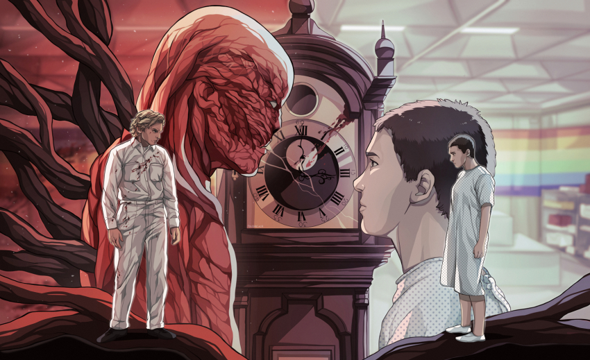 1boy 1girl 2022 angry bald blonde_hair brown_hair clock closed_mouth commentary eldritch_abomination eleven_(stranger_things) english_commentary foudreika highres horror_(theme) monster monster_boy netflix no_nose rainbow short_hair stranger_things vecna_(stranger_things)