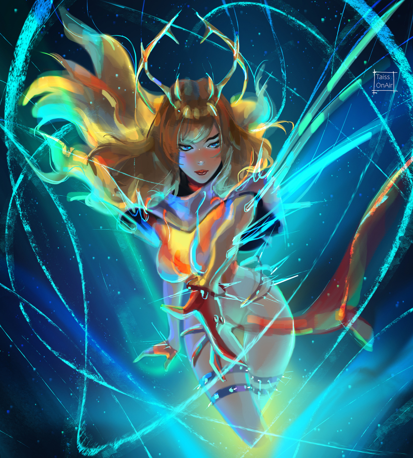 1girl artist_name blonde_hair blue_eyes breasts closed_mouth commentary english_commentary fingerless_gloves gloves highres large_breasts long_hair looking_at_viewer magik_(phoenix_demon)_(x-men) magik_(x-men) marvel marvel_rivals paid_reward_available solo spiked_thigh_strap tatti_art thigh_gap wide_hips