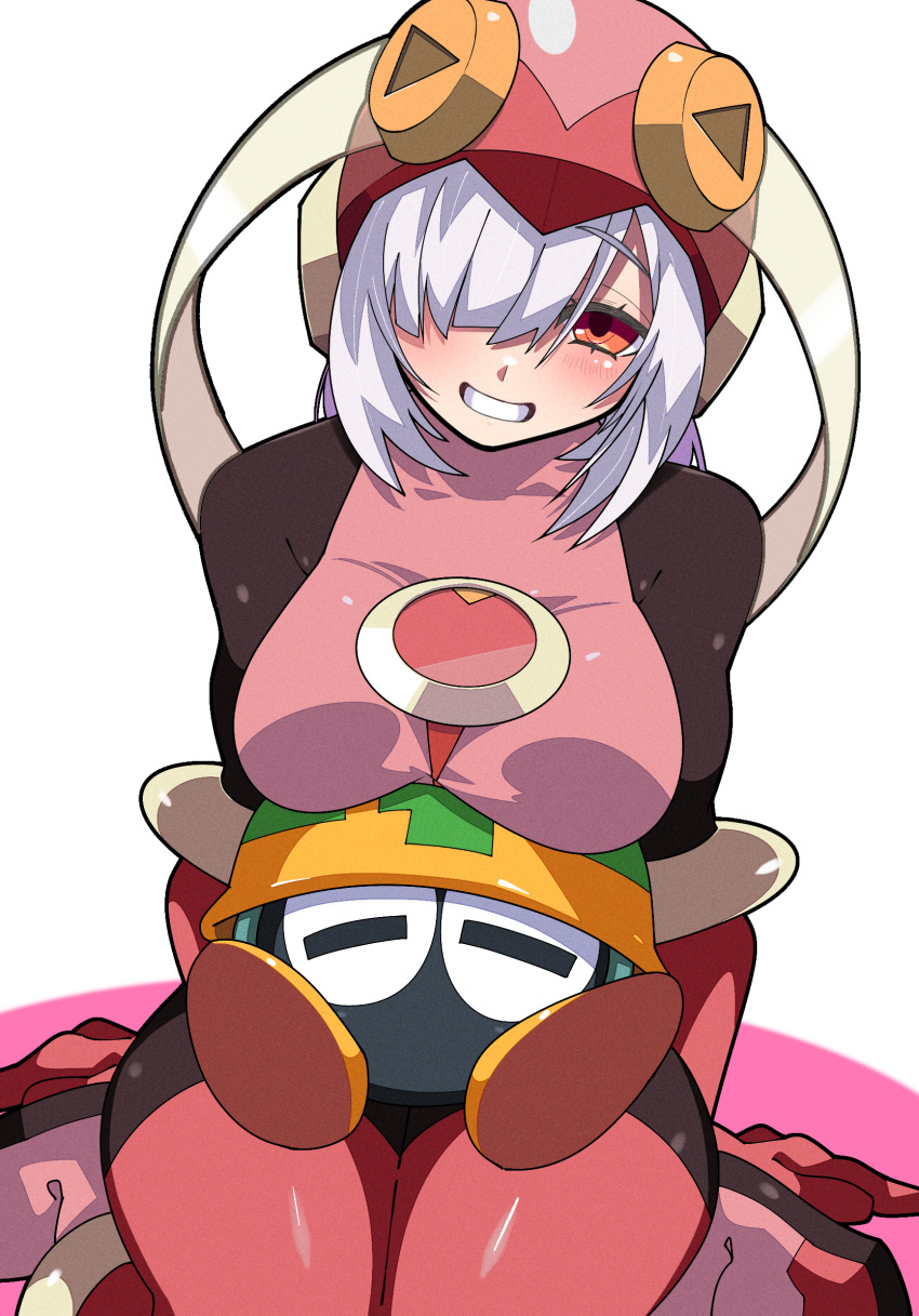 1girl blush bodysuit breast_rest breasts breasts_on_head commentary commission cosplay english_commentary grin hair_over_one_eye head_tilt helmet highres indie_virtual_youtuber large_breasts looking_at_viewer mega_man_(series) mega_man_battle_network_(series) met_(mega_man) miaguwu one_eye_covered orange_eyes pink_bodysuit pink_helmet roll.exe_(mega_man) roll.exe_(mega_man)_(cosplay) skeb_commission smile virtual_youtuber virus_(mega_man) white_hair yaki_usagi