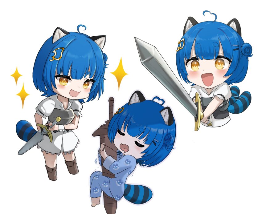 1girl ahoge animal_ears armor barefoot blue_hair blue_pajamas blue_pants blue_shirt blush boots breastplate brown_boots character_print chibi chibi_only chromashift commentary commission cosplay cropped_torso dress drooling english_commentary eyelashes fandit_(poko_rakun) fang fran_(tensei_shitara_ken_deshita) fran_(tensei_shitara_ken_deshita)_(cosplay) full_body hair_bun hair_ornament hairclip heart heart_ahoge highres holding holding_sword holding_weapon illustsaboko leaf_hair_ornament long_sleeves motion_blur mouth_drool multiple_views open_mouth pajamas pants poko_rakun puffy_short_sleeves puffy_sleeves raccoon_ears raccoon_girl raccoon_tail second-party_source shirt short_sleeves simple_background single_side_bun sleeping smile sparkle sword tail tail_wagging tensei_shitara_ken_deshita virtual_youtuber weapon white_background white_dress yellow_eyes