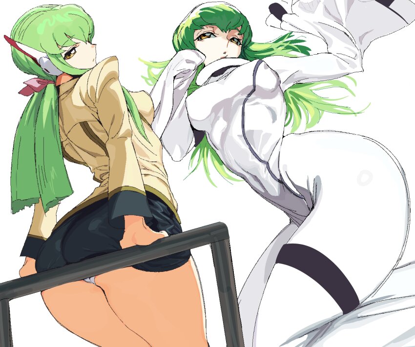 1girl absurdres ass black_skirt bodysuit breasts c.c. code_geass from_behind green_hair headgear highres long_hair medium_breasts panties pencil_skirt simple_background skirt underwear white_background white_bodysuit white_panties whoopsatro yellow_eyes