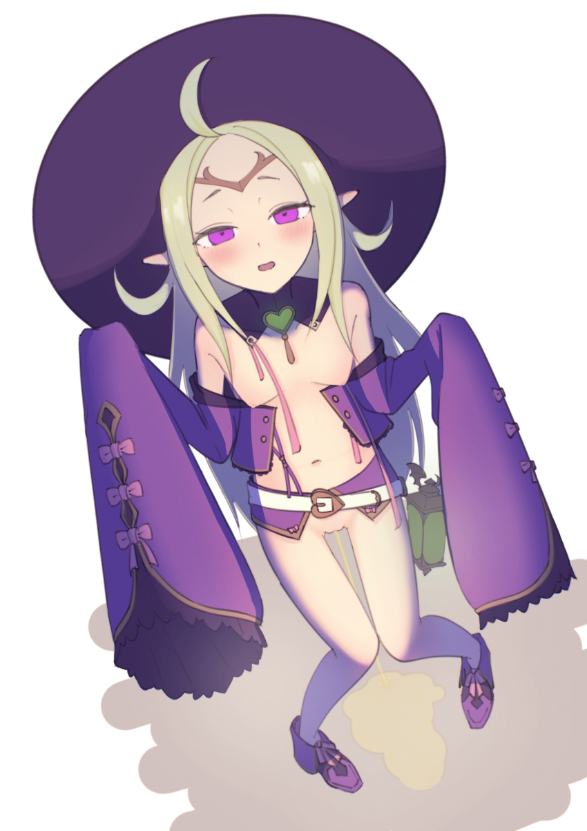 1girl absurdres ahoge artist_request belt blush breasts circlet collar collarbone detached_collar detached_sleeves female_focus fire_emblem fire_emblem_awakening fire_emblem_heroes full_body functionally_nude grey_hair hat heart highres knees_together_feet_apart lantern loli long_hair looking_at_viewer navel nintendo nipples nowi_(eternal_witch)_(fire_emblem) nowi_(fire_emblem) open_mouth peeing pointy_ears purple_eyes purple_hat purple_shoes purple_sleeves pussy shoes sleeves_past_wrists small_breasts solo standing uncensored white_background wide_sleeves witch_hat