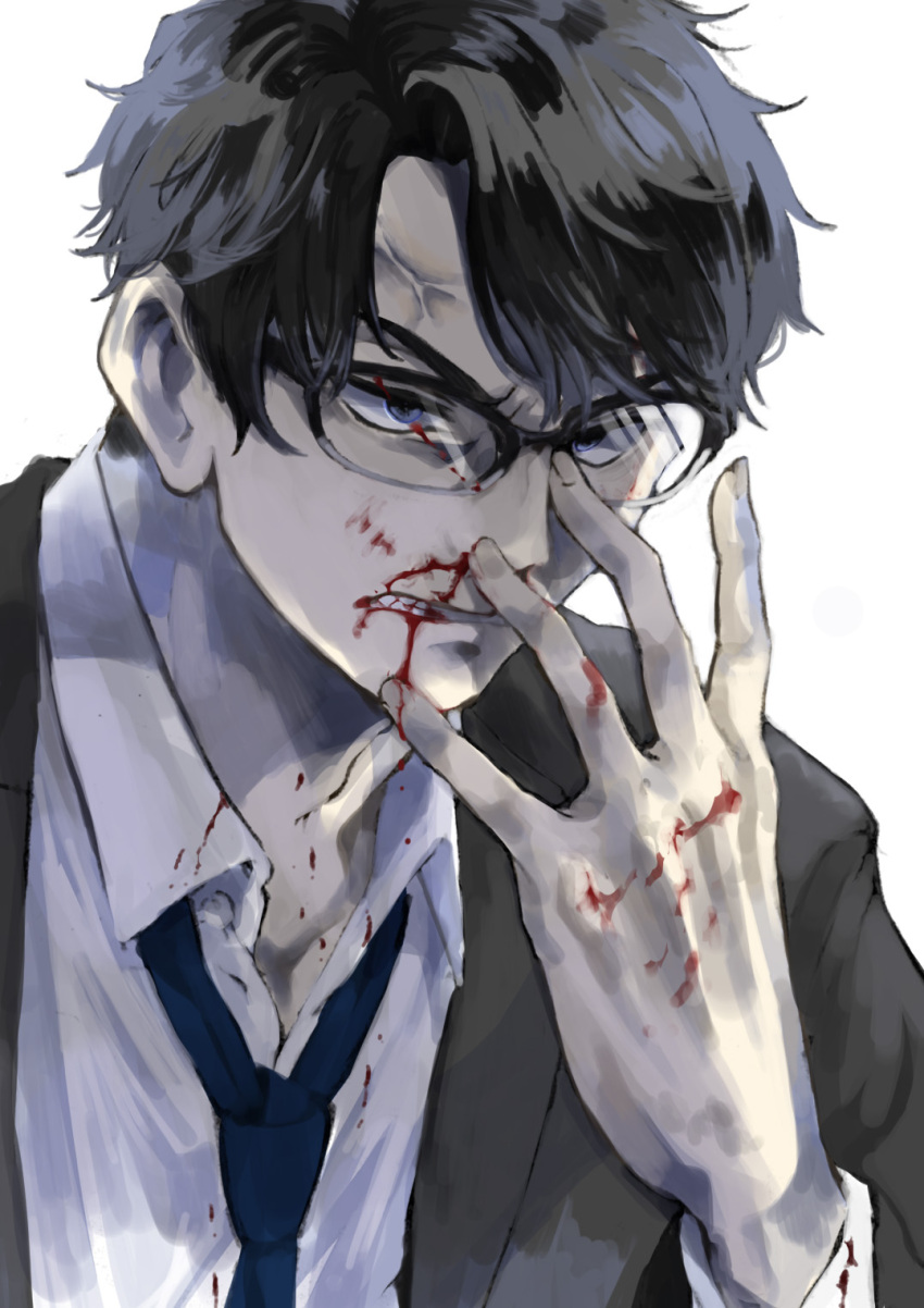 1boy adjusting_eyewear angry black-framed_eyewear black_hair black_jacket blood blood_on_hands blood_on_mouth blue_eyes blue_necktie clenched_teeth commentary_request glaring glasses hand_up highres implied_after_fight jacket long_sleeves looking_ahead loose_necktie male_focus necktie nosebleed open_collar original ruchi_(nxje5533) shirt short_hair simple_background solo suit_jacket teeth upper_body veins veiny_hands white_background white_shirt
