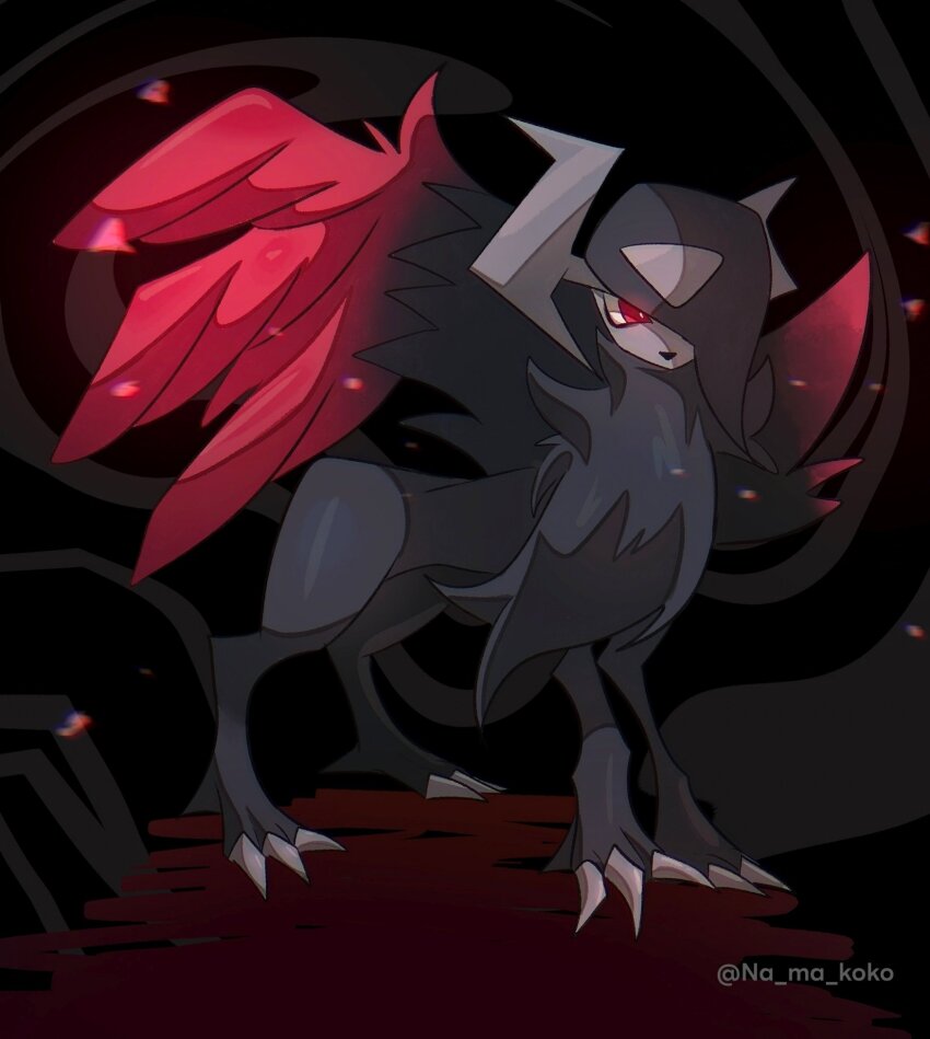 absol animal_focus asymmetrical_horns black_fur black_hair black_wings body_fur claws commentary_request gen_3_pokemon hair_over_one_eye highres horns looking_at_viewer mega_absol_z mega_pokemon namako_(na_ma_koko) nintendo no_humans one_eye_covered pokemon pokemon_(creature) pokemon_focus red_eyes red_wings solo tail uneven_horns wings