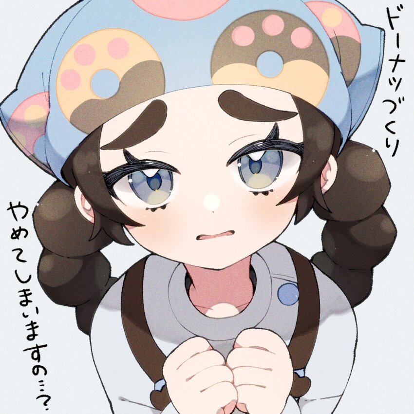 1girl ansha_(pokemon) apron black_hair blue_eyes braid facing_viewer frown grey_background gu_gu12435 headscarf japanese_text looking_at_viewer looking_up nintendo open_mouth pokemon pokemon_legends:_z-a solo