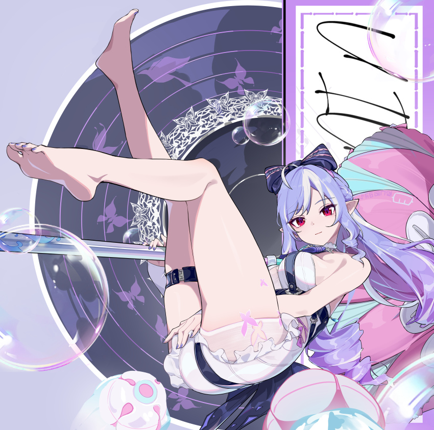 1girl absurdres ahoge animal_print ass bare_shoulders barefoot between_legs bow bowtie breasts bubble butterfly_print closed_mouth clothing_cutout commentary_request drill_hair drill_sidelocks frilled_one-piece_swimsuit frills full_body gokusaishiki_(1376145360) hair_bow hand_between_legs highres holding holding_umbrella legs_up light_smile long_hair looking_at_viewer medium_breasts mole mole_under_eye multicolored_umbrella nail_polish no_shoes official_alternate_costume one-piece_swimsuit pink_umbrella pointy_ears purple_background purple_bow purple_bowtie purple_hair purple_nails red_eyes see-through_clothes sideboob_cutout sidelocks solo swimsuit thigh_strap toenail_polish toenails two-tone_one-piece_swimsuit umbrella vivian_banshee vivian_banshee_(iris_of_the_shore) white_one-piece_swimsuit zenless_zone_zero