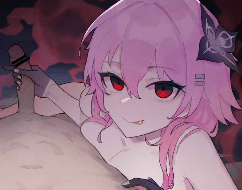 1boy 1girl assertive_female bar_censor black_gloves breasts censored empty_eyes erection evernight_(honkai:_star_rail) gloves grabbing_another's_breast groping hair_ornament handjob honkai:_star_rail honkai_(series) licking licking_lips long_hair looking_at_viewer march_7th_(honkai:_star_rail) medium_breasts navel nipple_stimulation nipple_tweak nude penis pink_hair pov red_eyes tongue tongue_out
